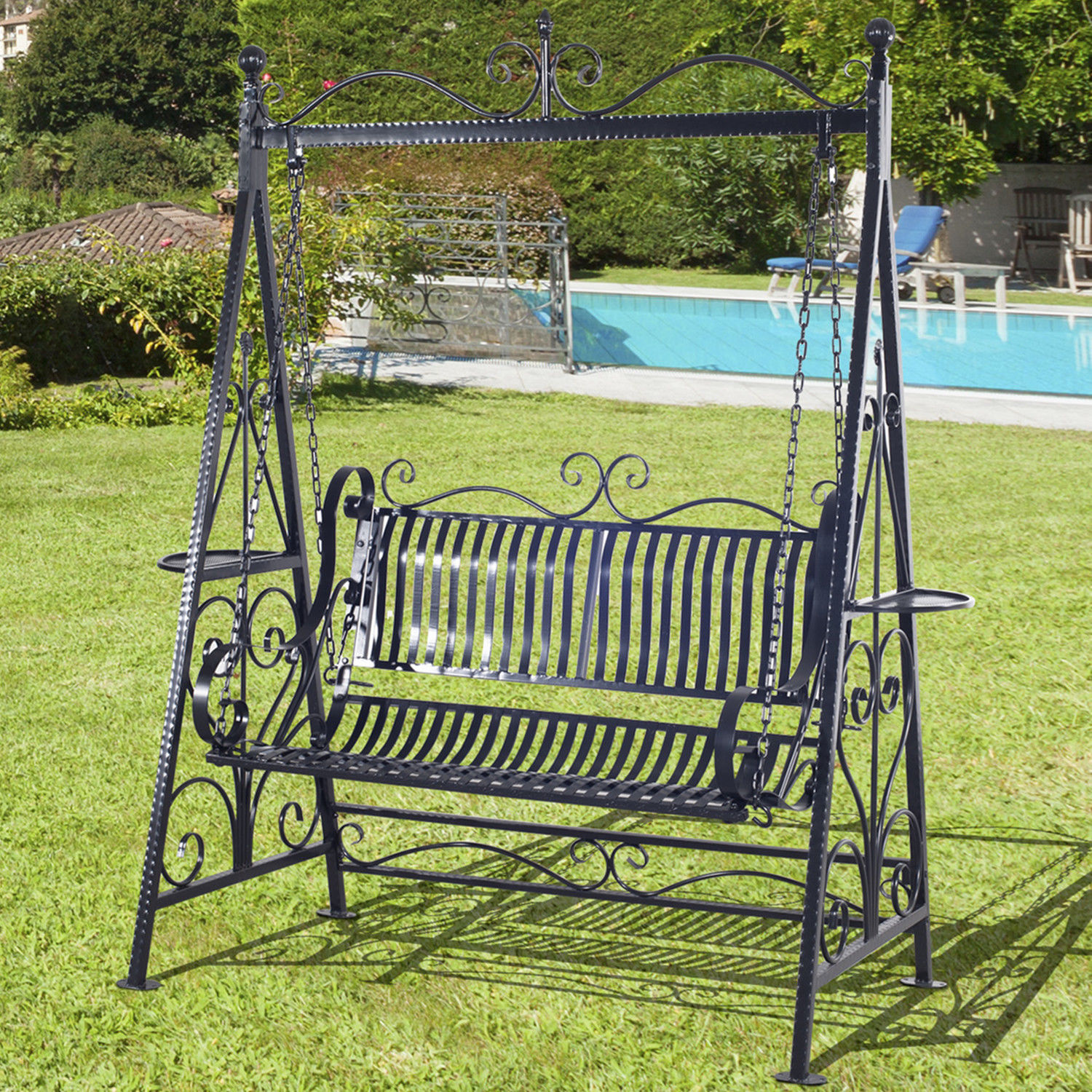 Metal swinging garden bench